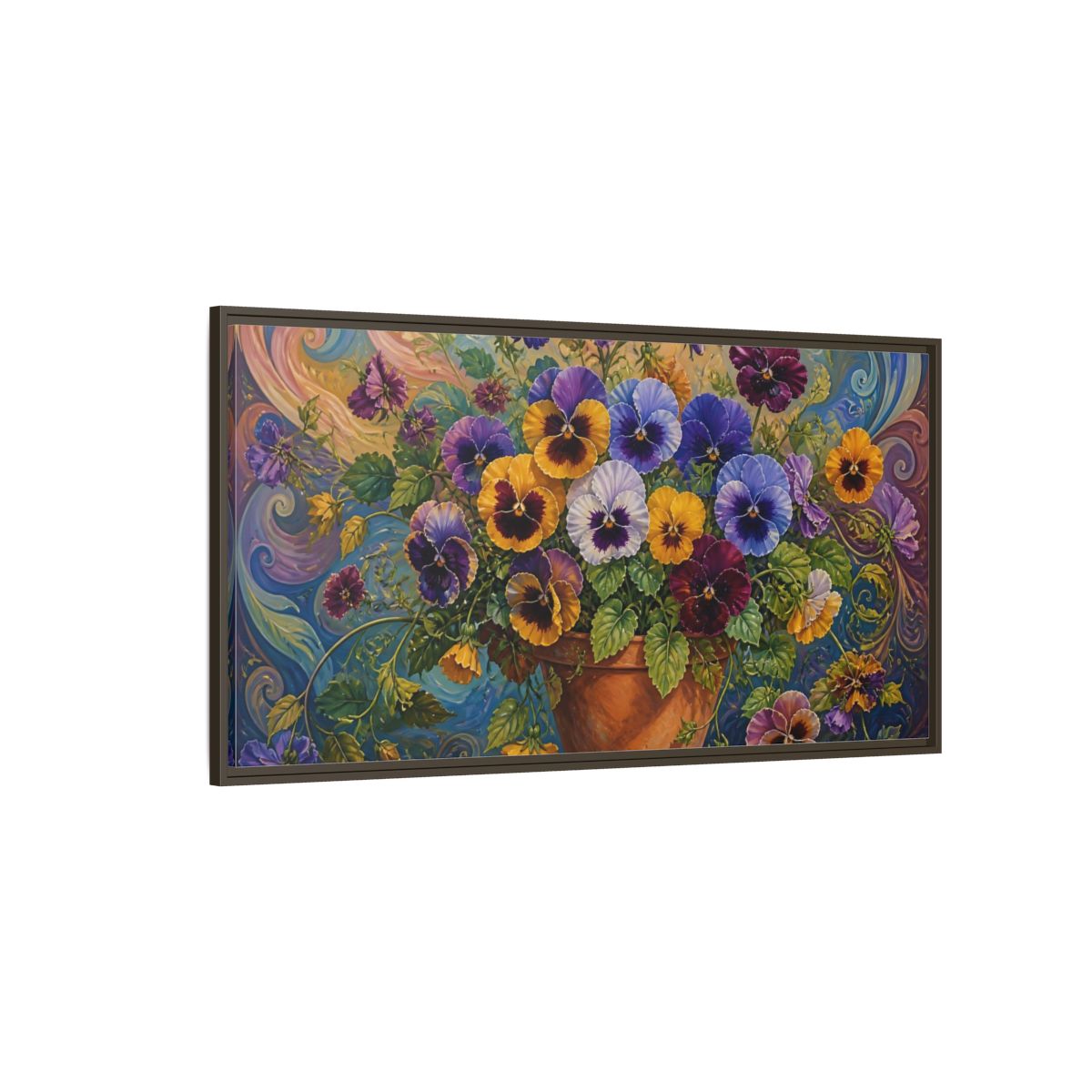 Side Mockup 4. Pansies In Terra Cotta Pot shown as framed canvas print