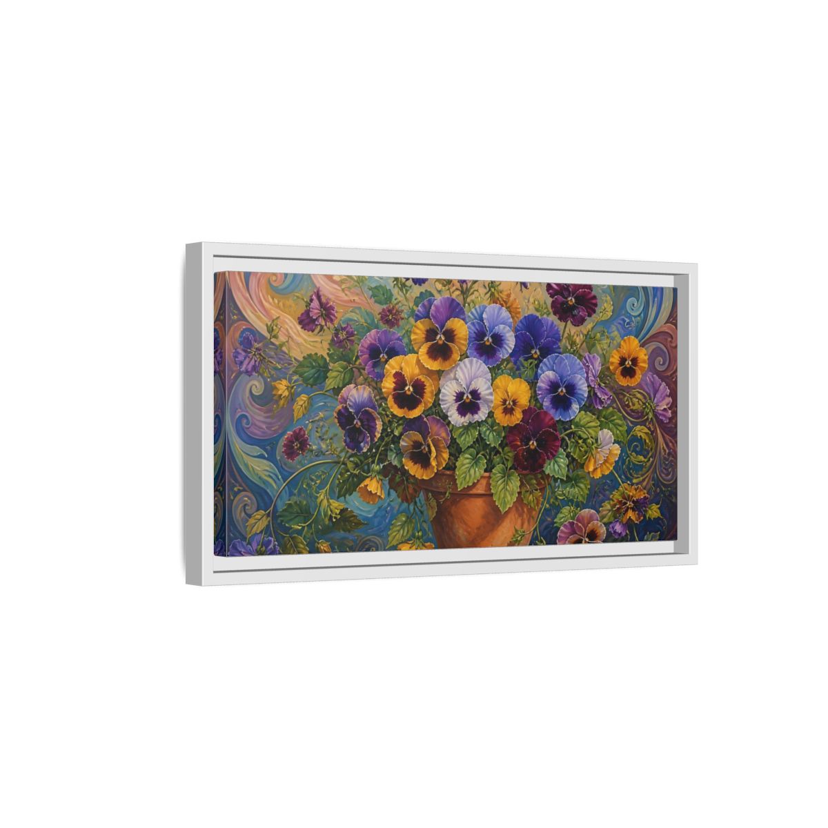 Side Mockup 6. Pansies In Terra Cotta Pot shown as framed canvas print