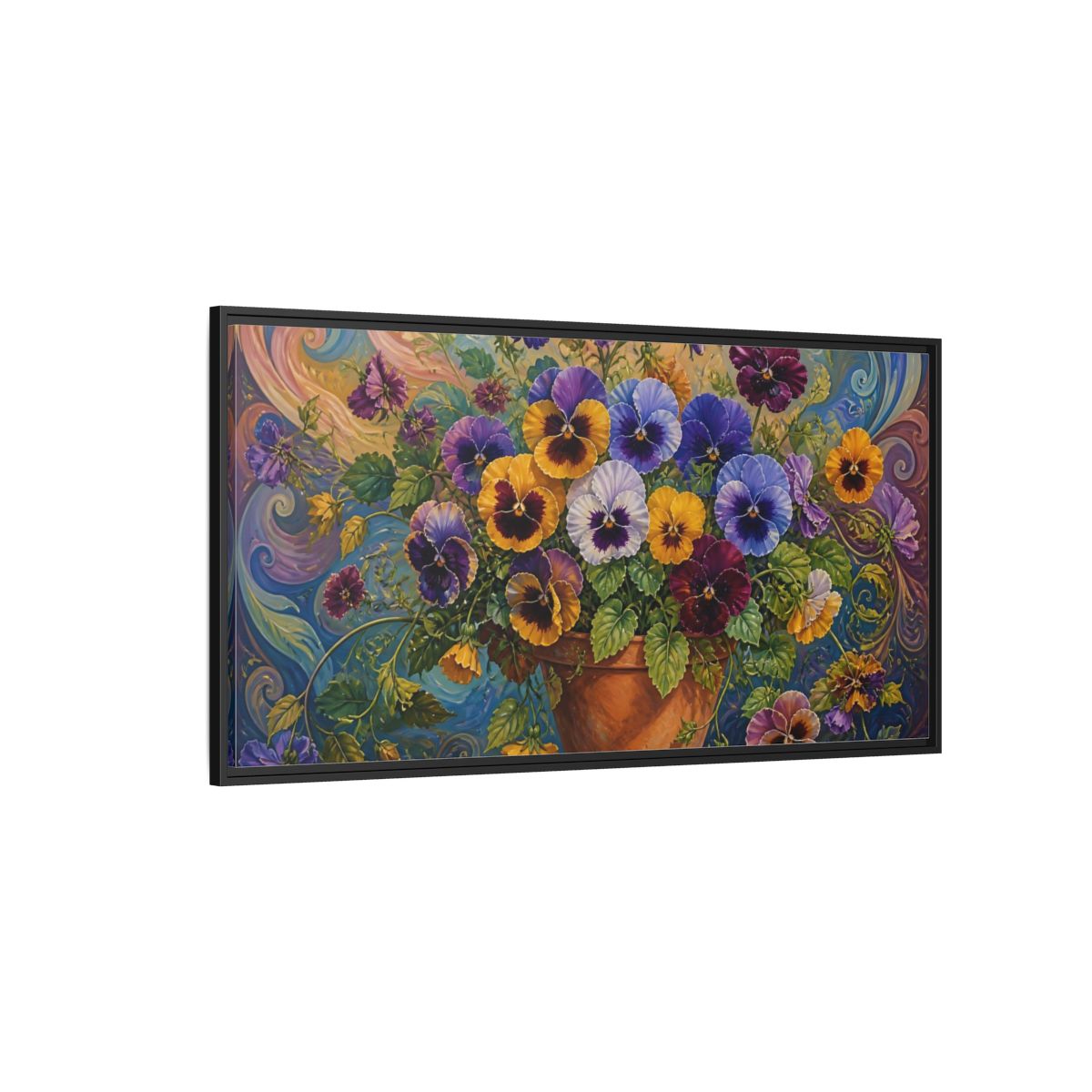 Side Mockup 5. Pansies In Terra Cotta Pot shown as framed canvas print