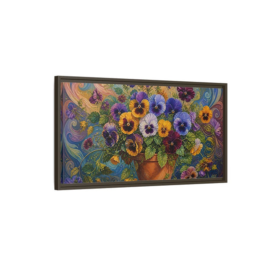 Main Mockup. Pansies In Terra Cotta Pot shown as framed canvas print