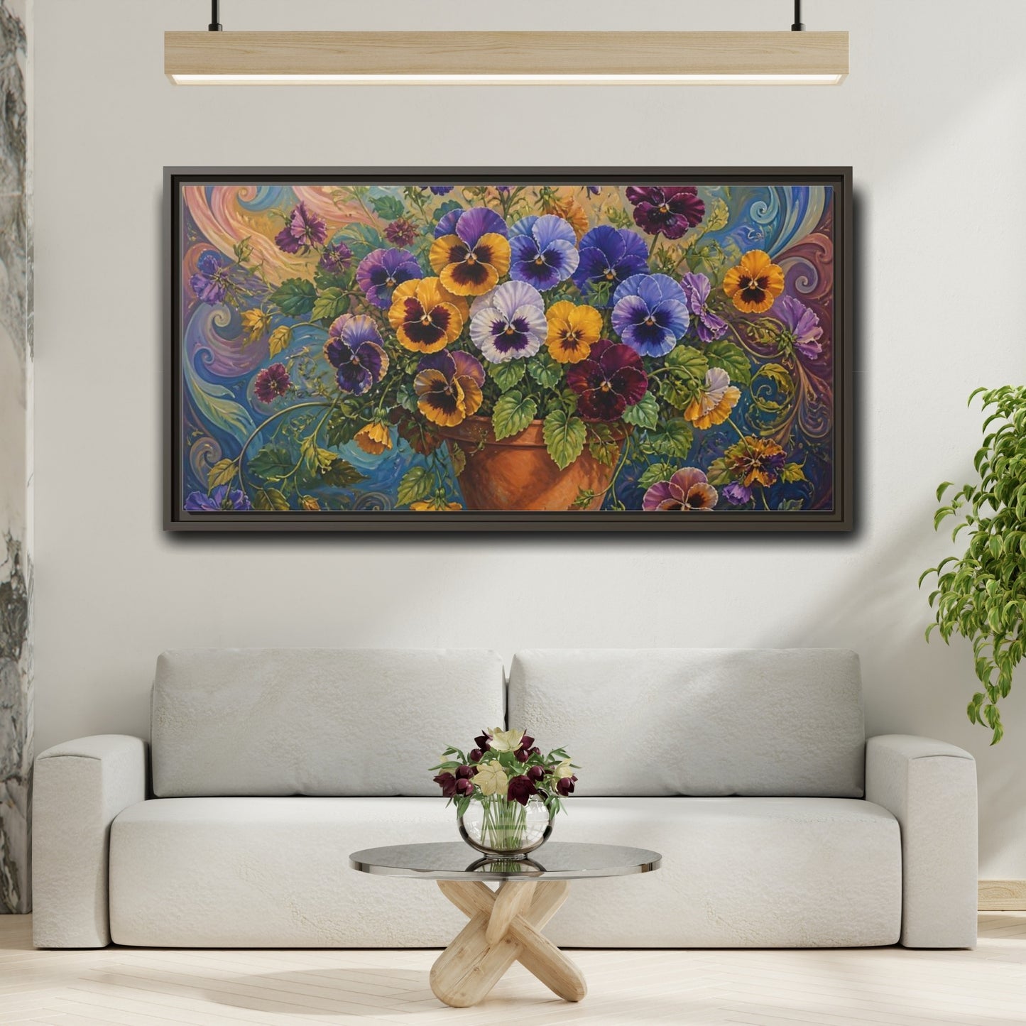 Mockup 2. Pansies In Terra Cotta Pot shown as framed canvas print