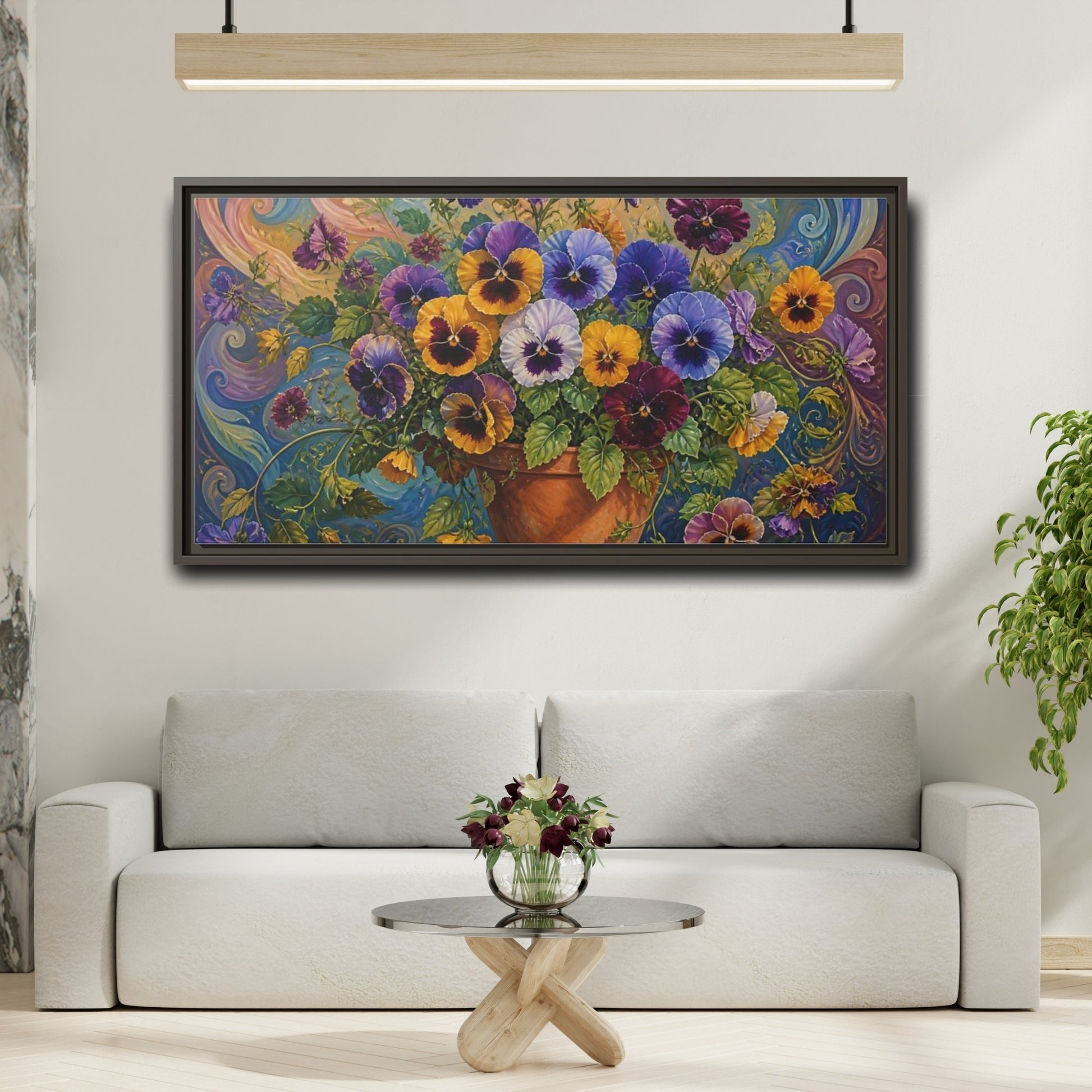 Mockup 2. Pansies In Terra Cotta Pot shown as framed canvas print