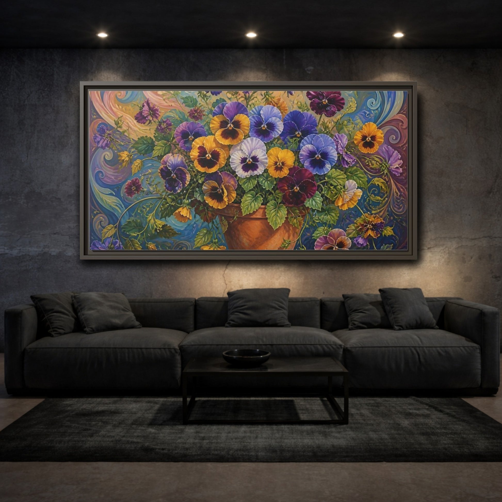 Mockup 3. Pansies In Terra Cotta Pot shown as framed canvas print