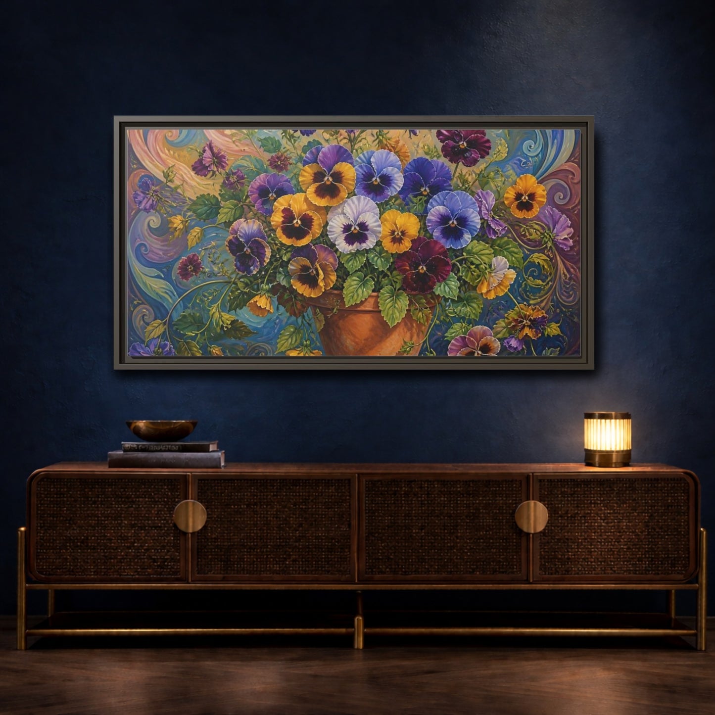 Mockup 4. Pansies In Terra Cotta Pot shown as framed canvas print