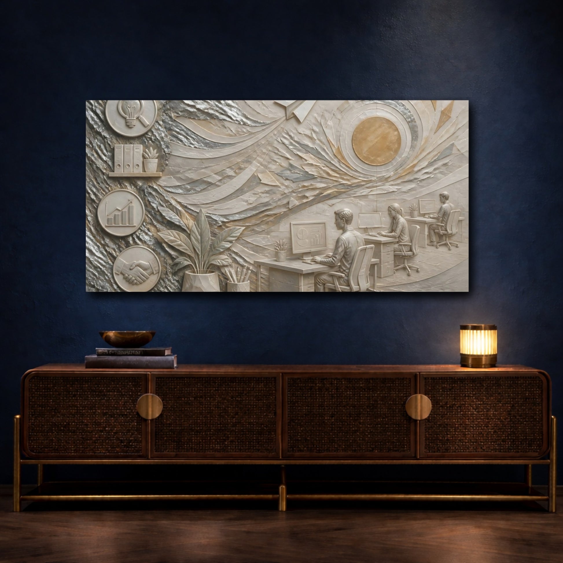Mockup 4. Paper Airplane Office Scene shown as canvas print
