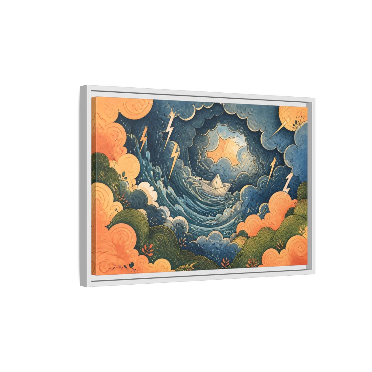Side Mockup 1. Paper Boat In Storm shown as framed canvas print