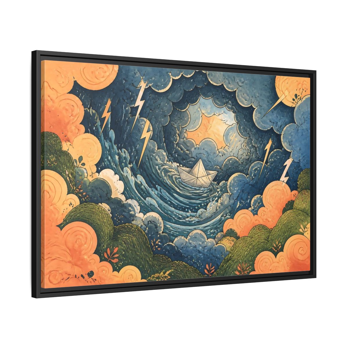 Side Mockup 13. Paper Boat In Storm shown as framed canvas print