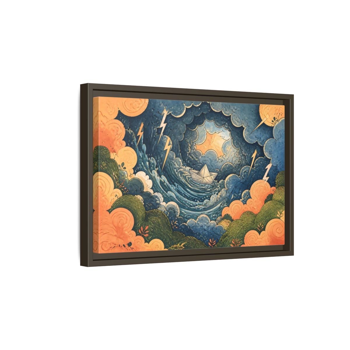 Side Mockup 5. Paper Boat In Storm shown as framed canvas print
