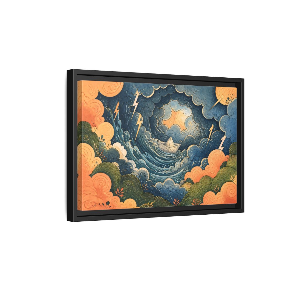 Side Mockup 6. Paper Boat In Storm shown as framed canvas print
