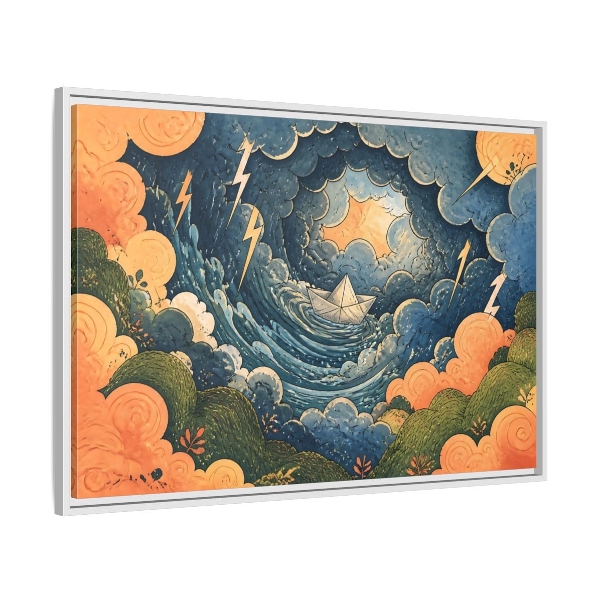Side Mockup 9. Paper Boat In Storm shown as framed canvas print