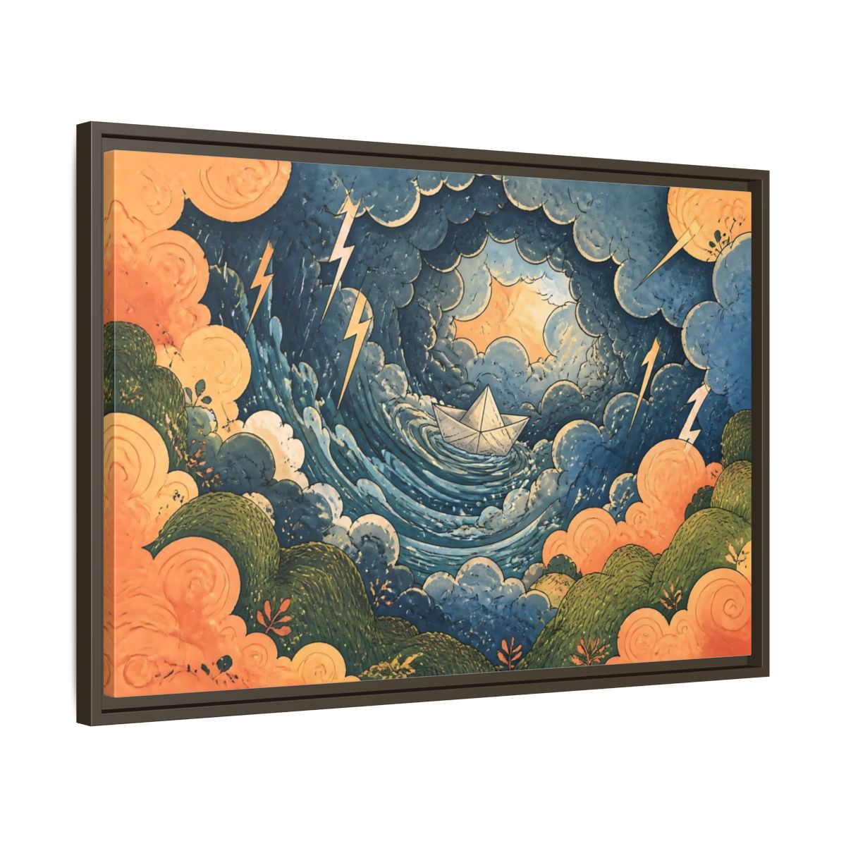 Side Mockup 11. Paper Boat In Storm shown as framed canvas print