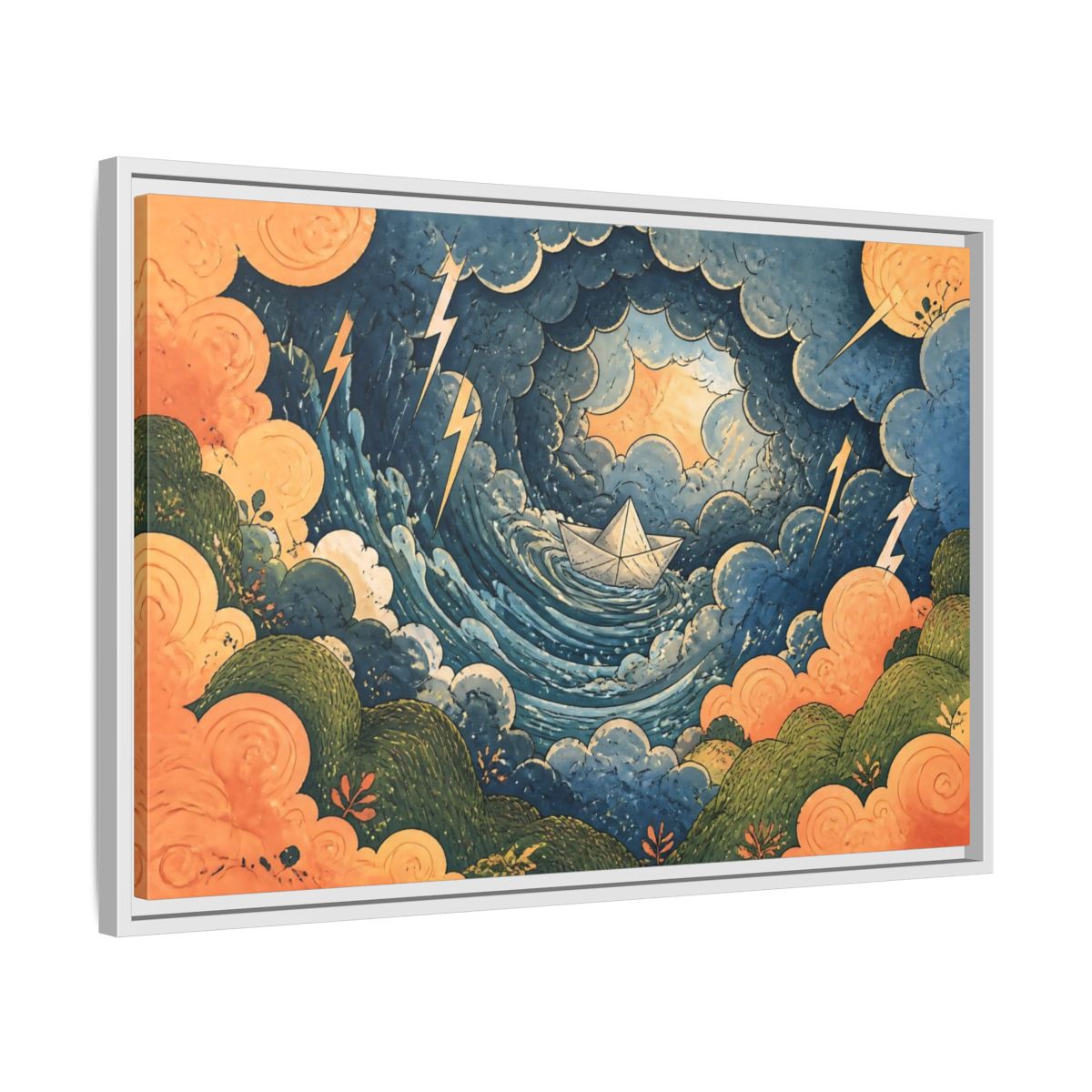 Side Mockup 10. Paper Boat In Storm shown as framed canvas print