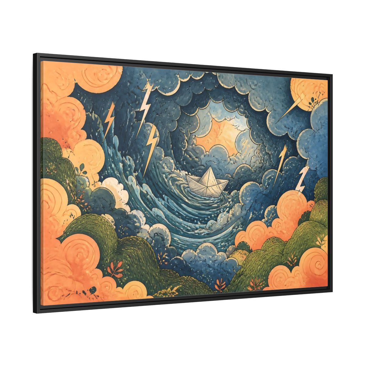 Side Mockup 12. Paper Boat In Storm shown as framed canvas print