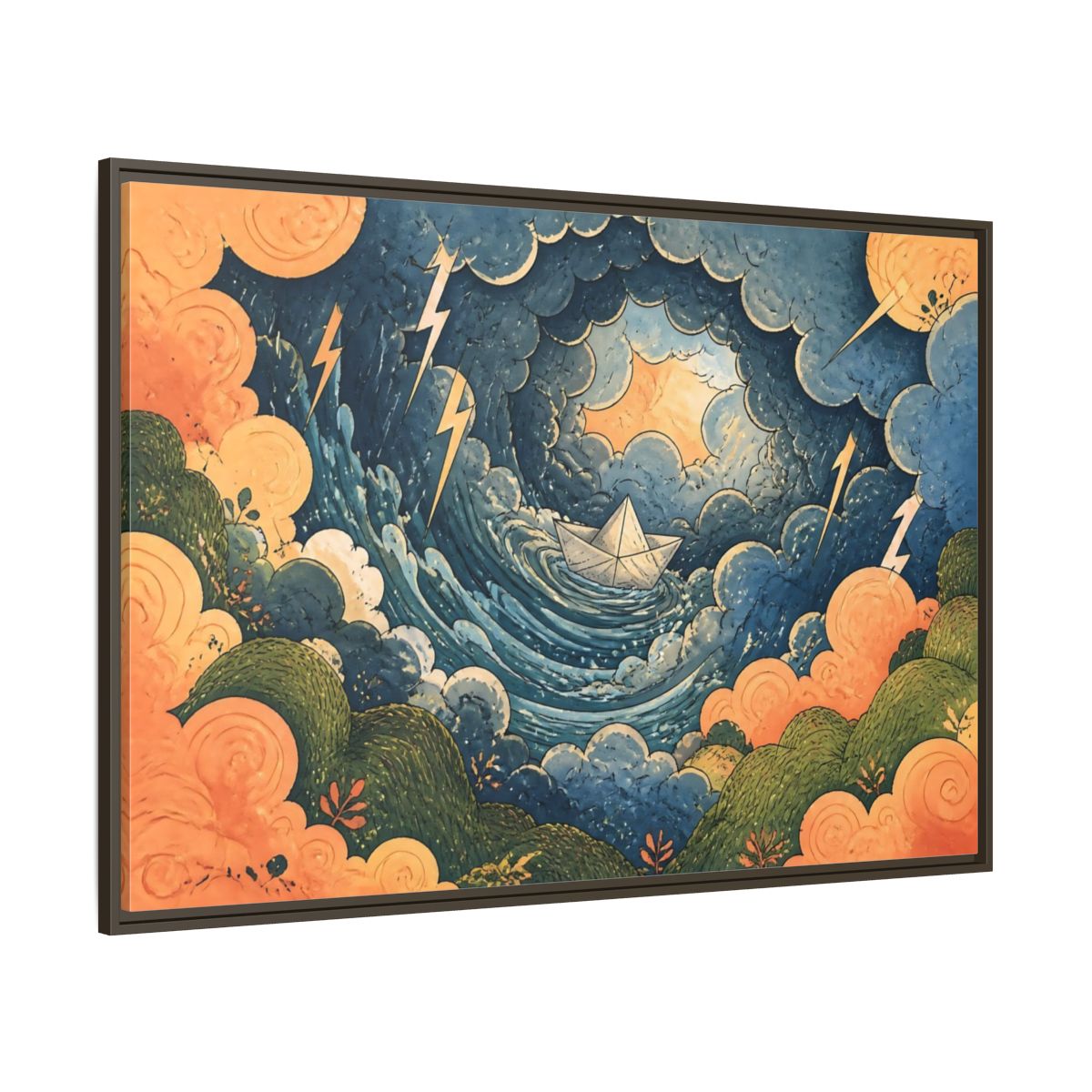 Side Mockup 8. Paper Boat In Storm shown as framed canvas print