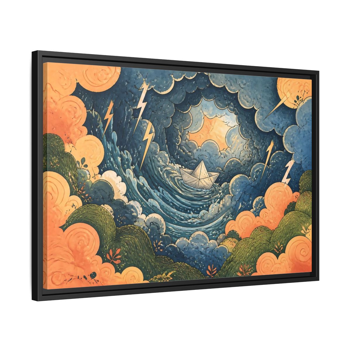 Side Mockup 14. Paper Boat In Storm shown as framed canvas print