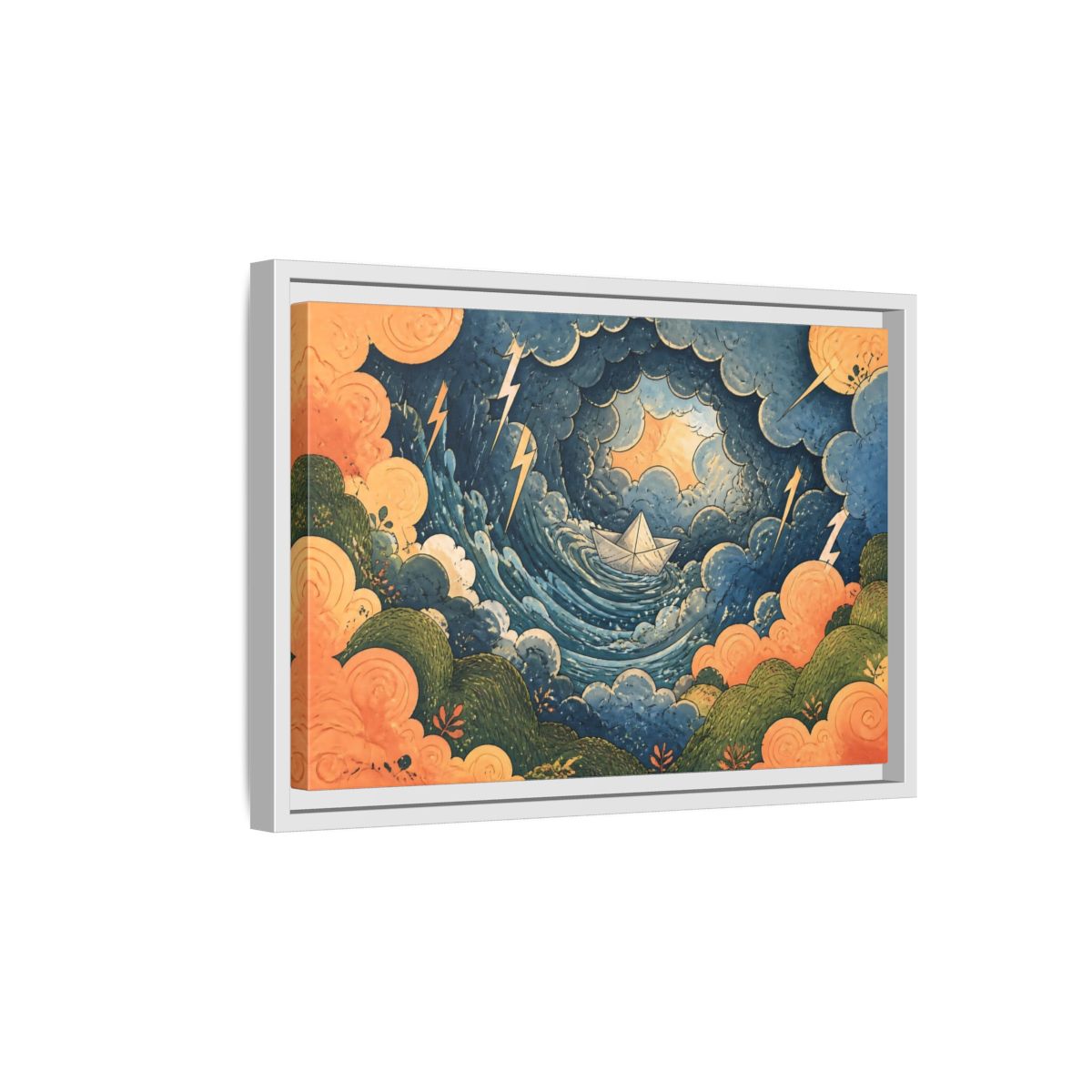 Side Mockup 4. Paper Boat In Storm shown as framed canvas print