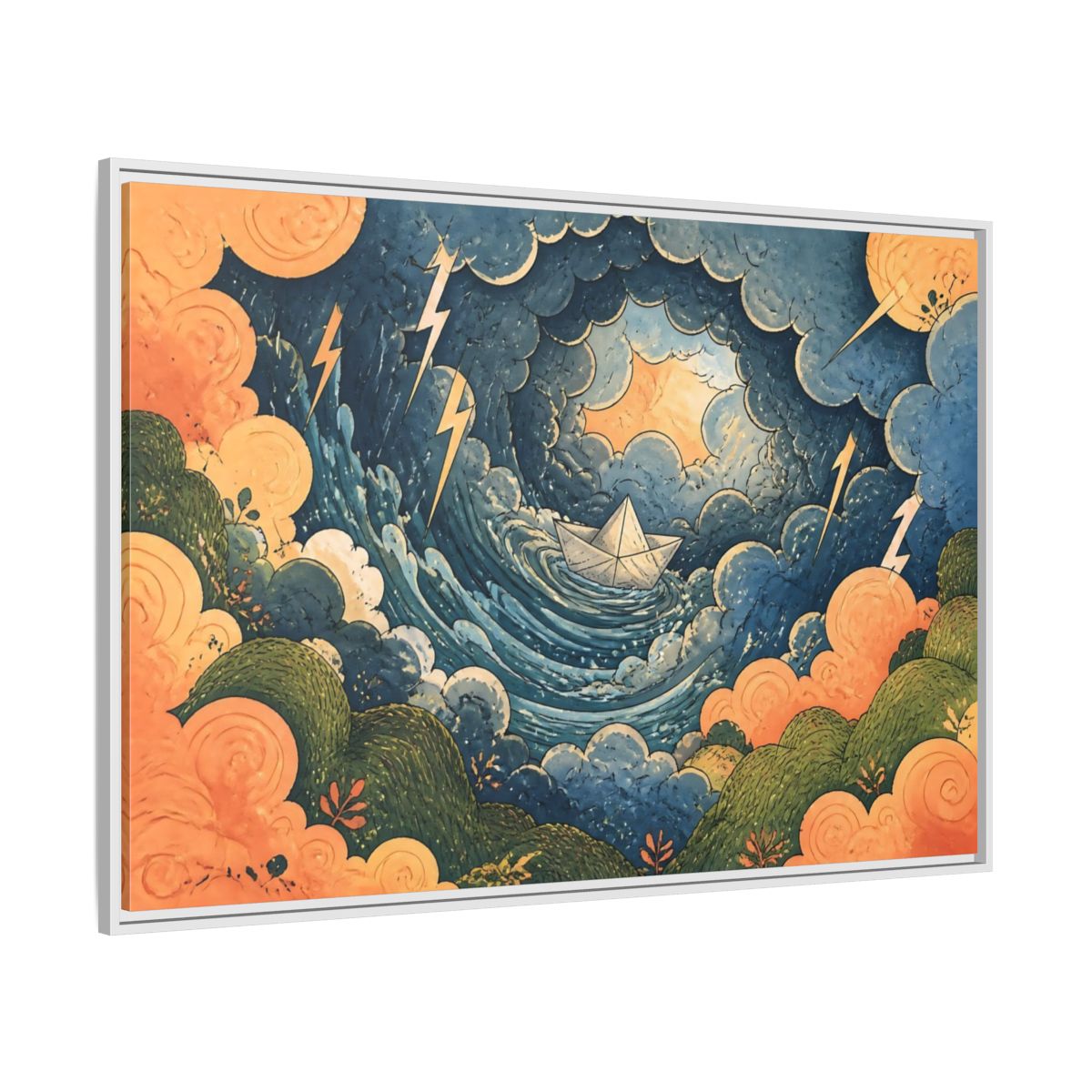 Side Mockup 7. Paper Boat In Storm shown as framed canvas print