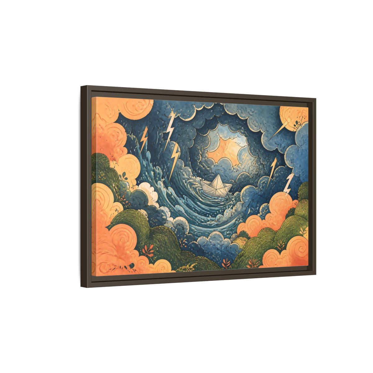 Side Mockup 2. Paper Boat In Storm shown as framed canvas print