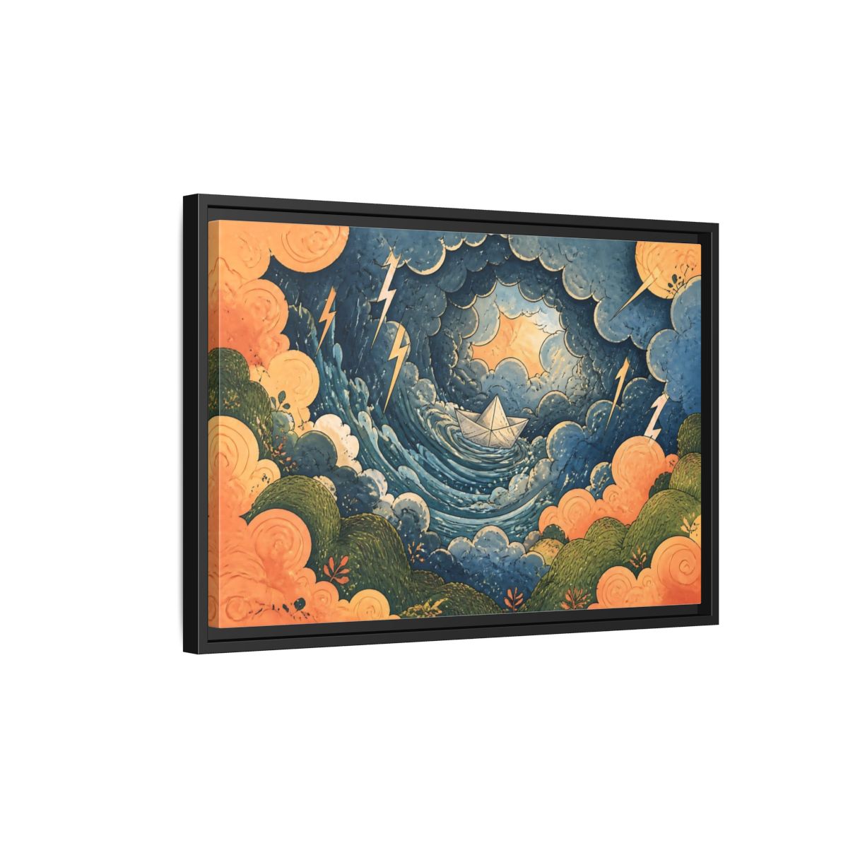 Side Mockup 3. Paper Boat In Storm shown as framed canvas print