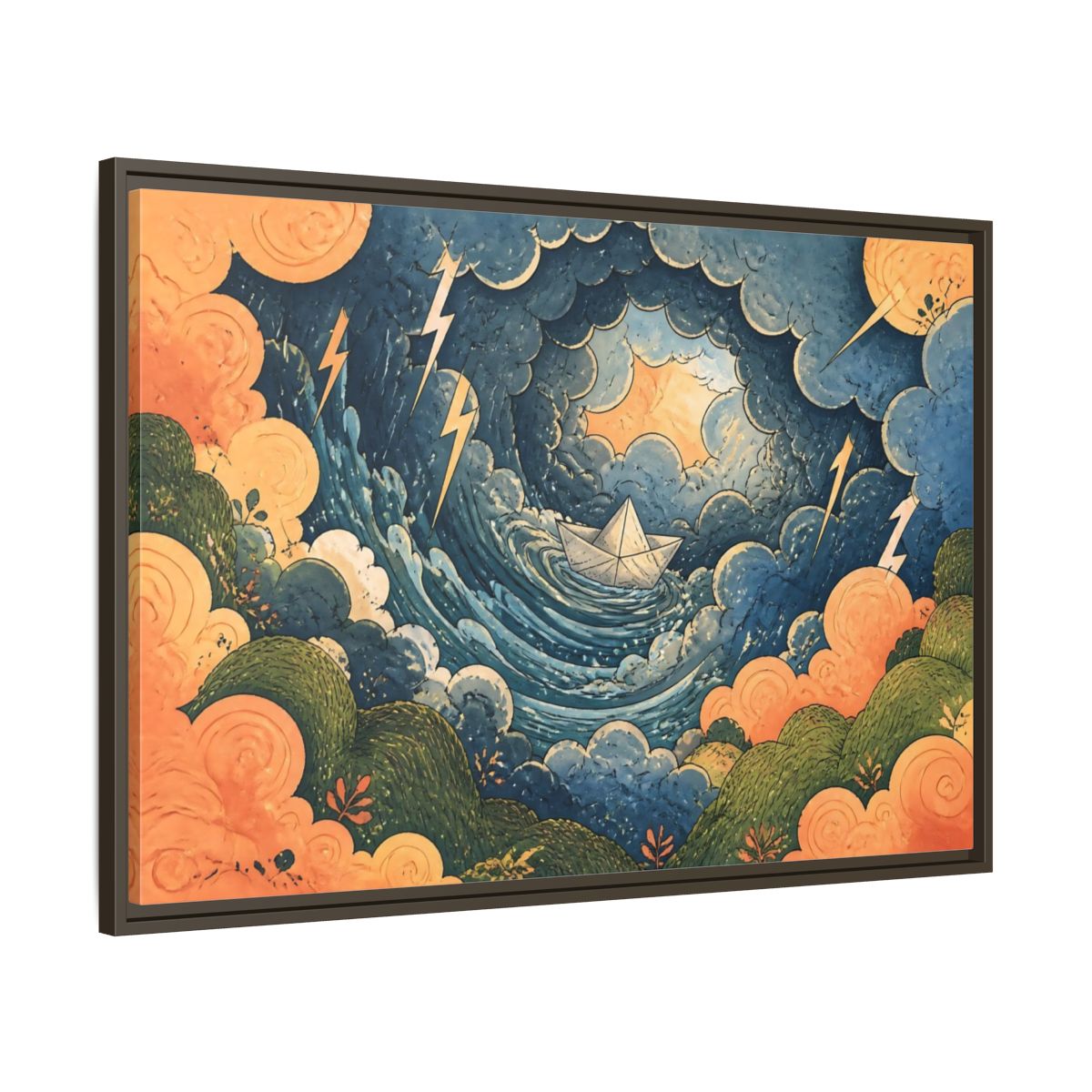 Main Mockup. Paper Boat In Storm shown as framed canvas print