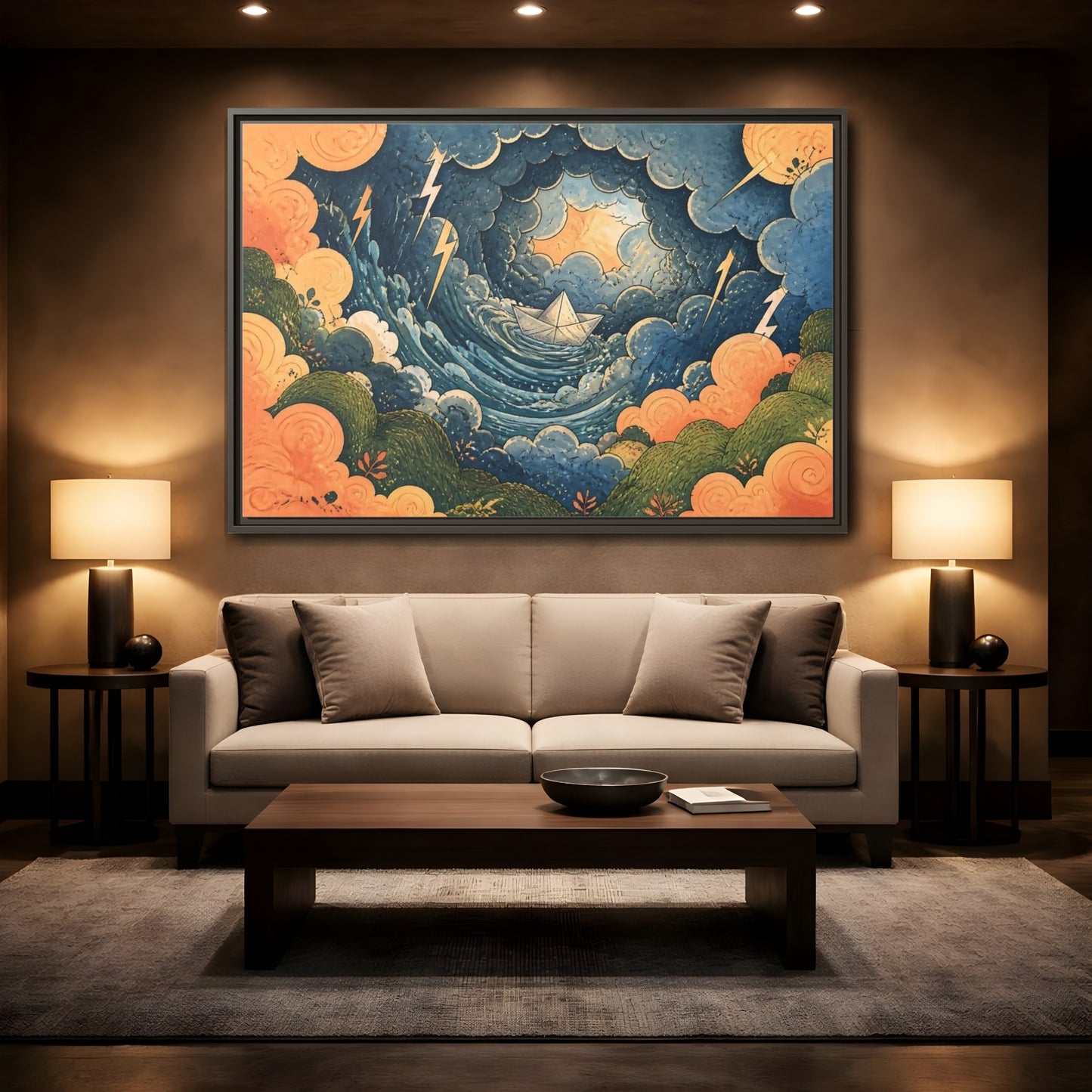 Mockup 2. Paper Boat In Storm shown as framed canvas print