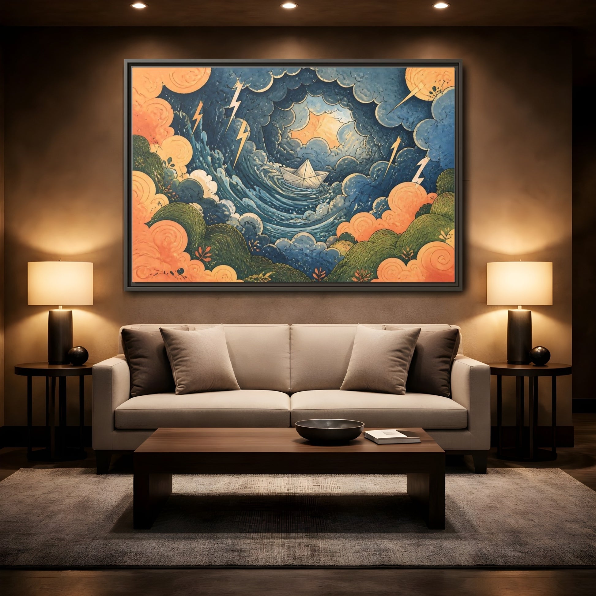 Mockup 2. Paper Boat In Storm shown as framed canvas print