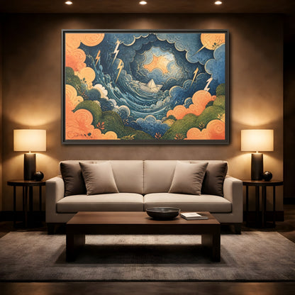 Mockup 2. Paper Boat In Storm shown as framed canvas print