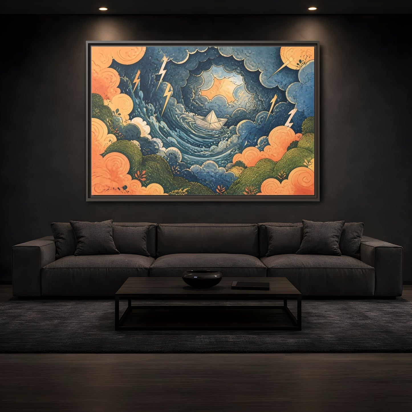 Mockup 3. Paper Boat In Storm shown as framed canvas print