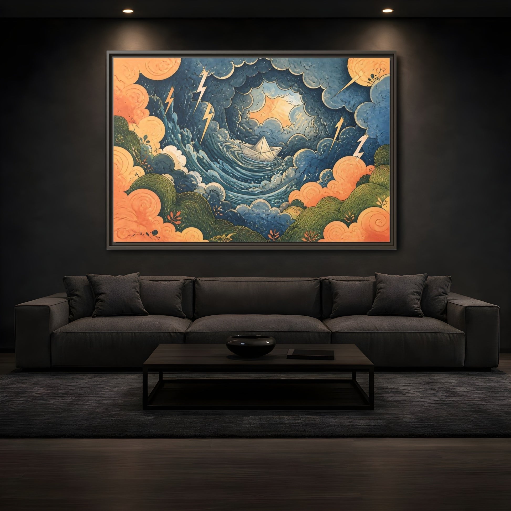 Mockup 3. Paper Boat In Storm shown as framed canvas print