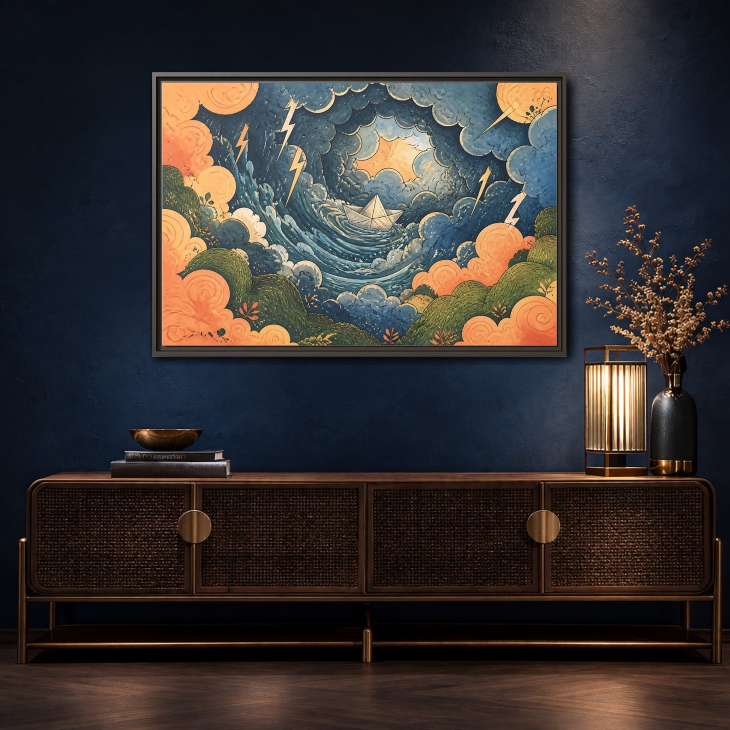Mockup 4. Paper Boat In Storm shown as framed canvas print