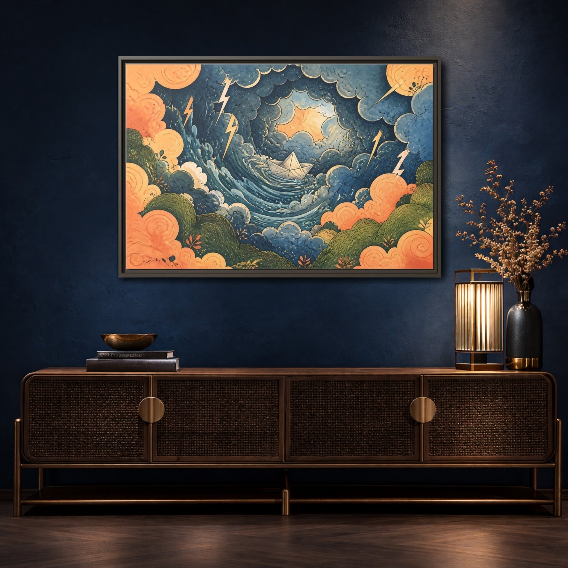 Mockup 4. Paper Boat In Storm shown as framed canvas print