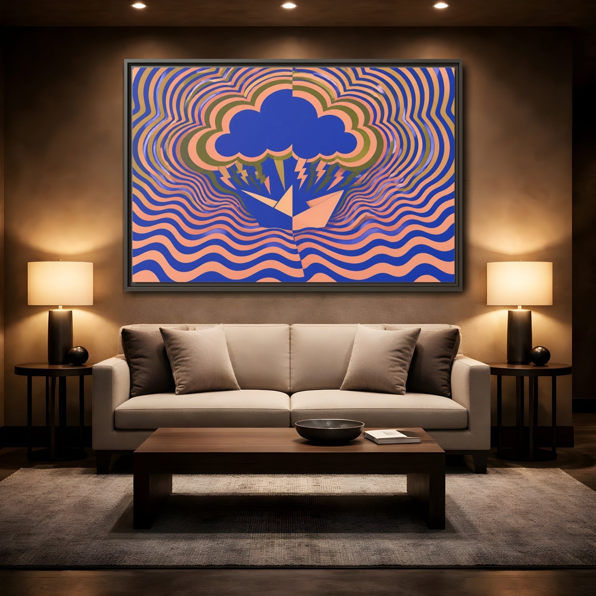 Mockup 2. Paper Boat Thundercloud shown as framed canvas print