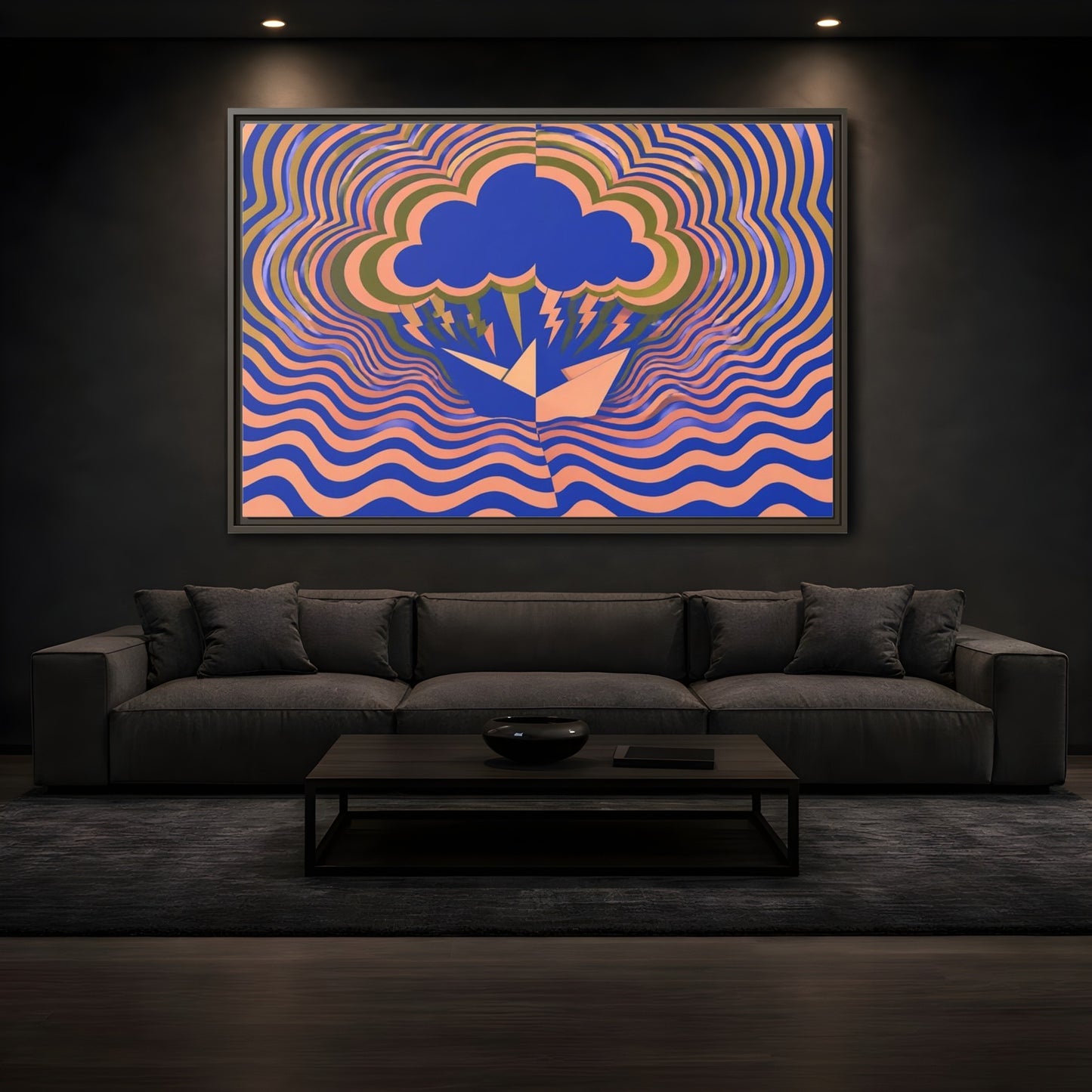Mockup 3. Paper Boat Thundercloud shown as framed canvas print