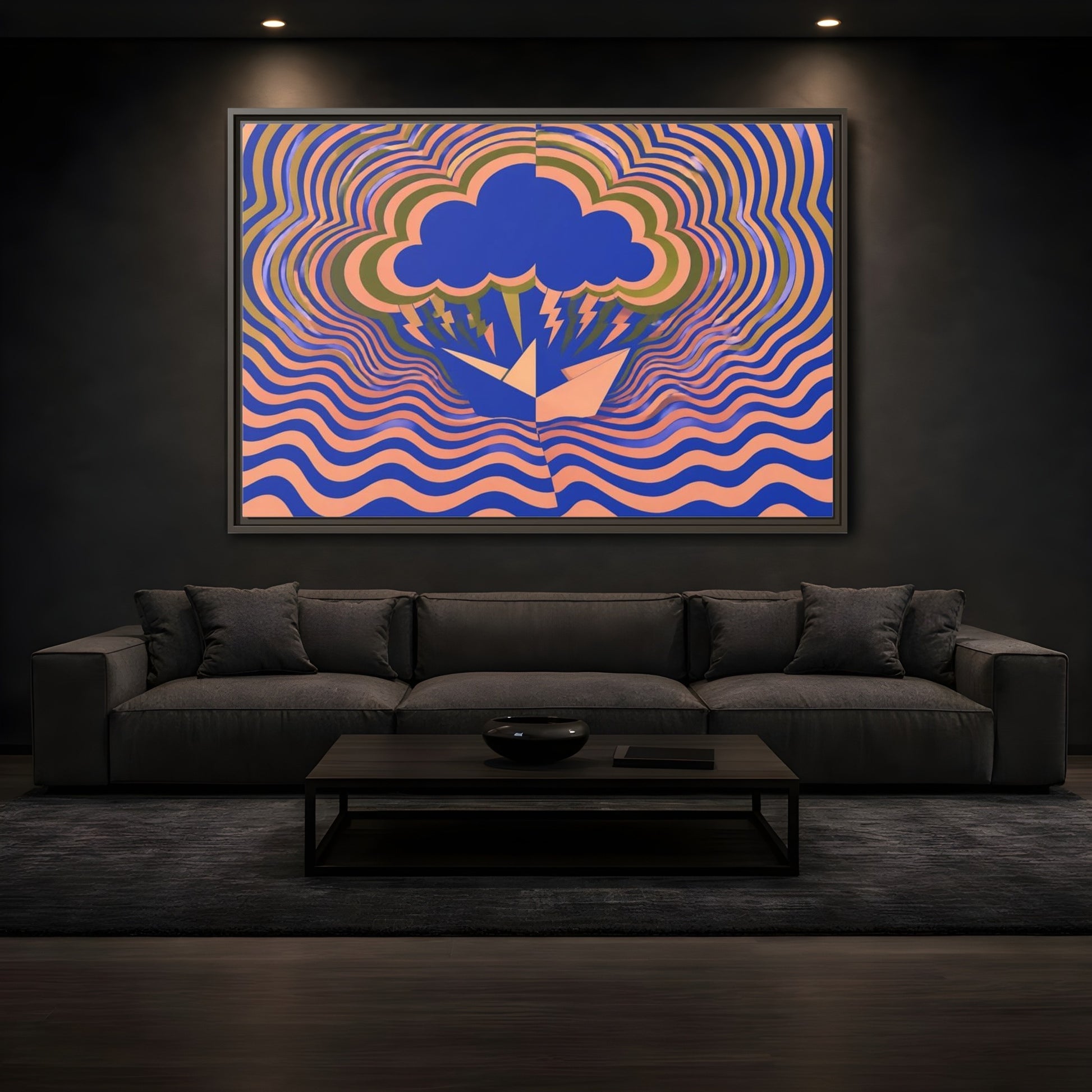 Mockup 3. Paper Boat Thundercloud shown as framed canvas print