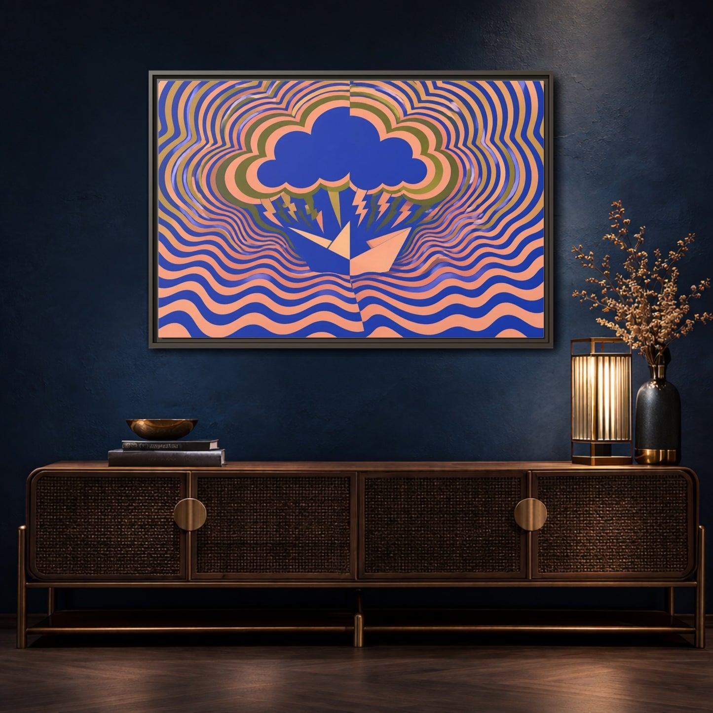 Mockup 4. Paper Boat Thundercloud shown as framed canvas print