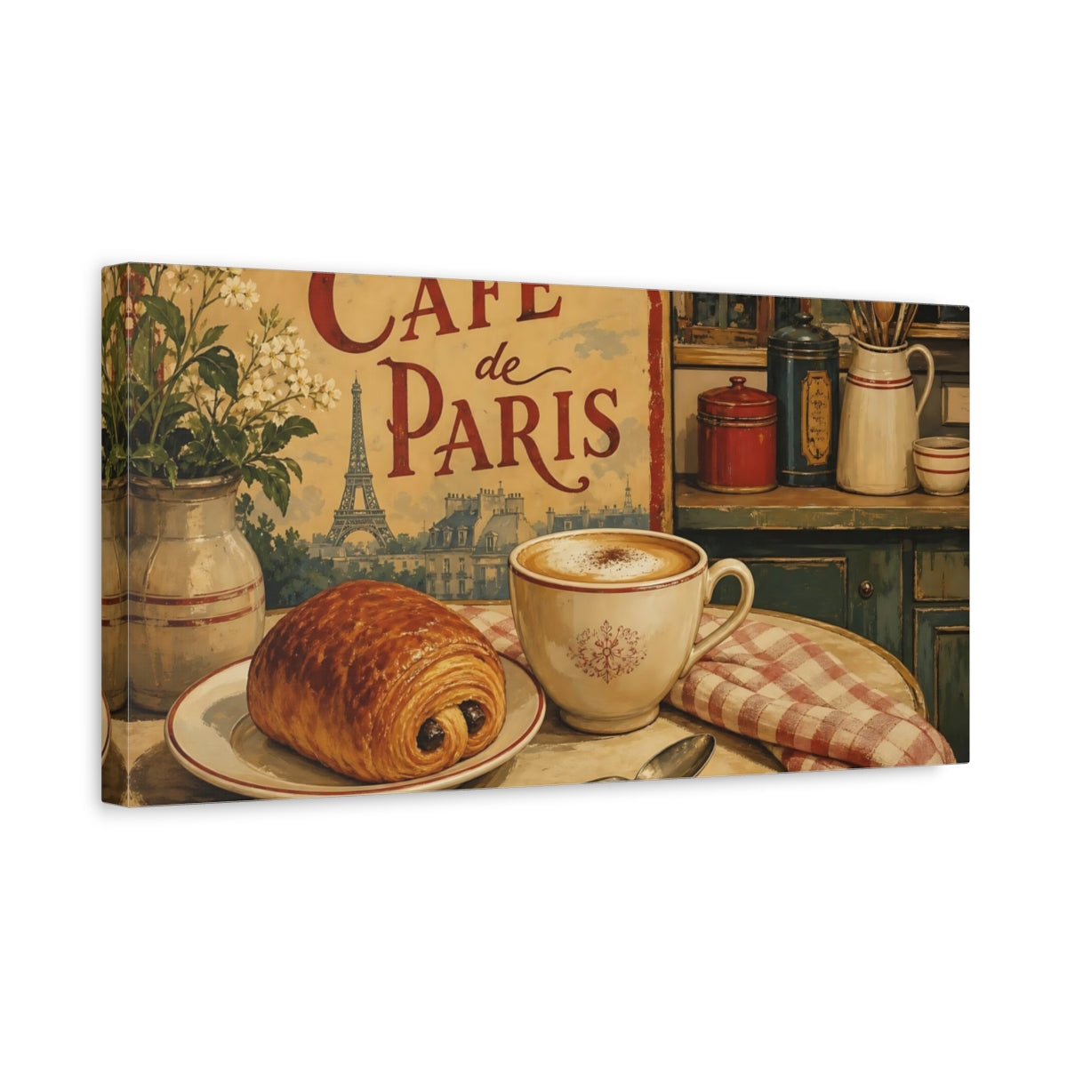 Side Mockup 3. Paris Café Breakfast shown as canvas print
