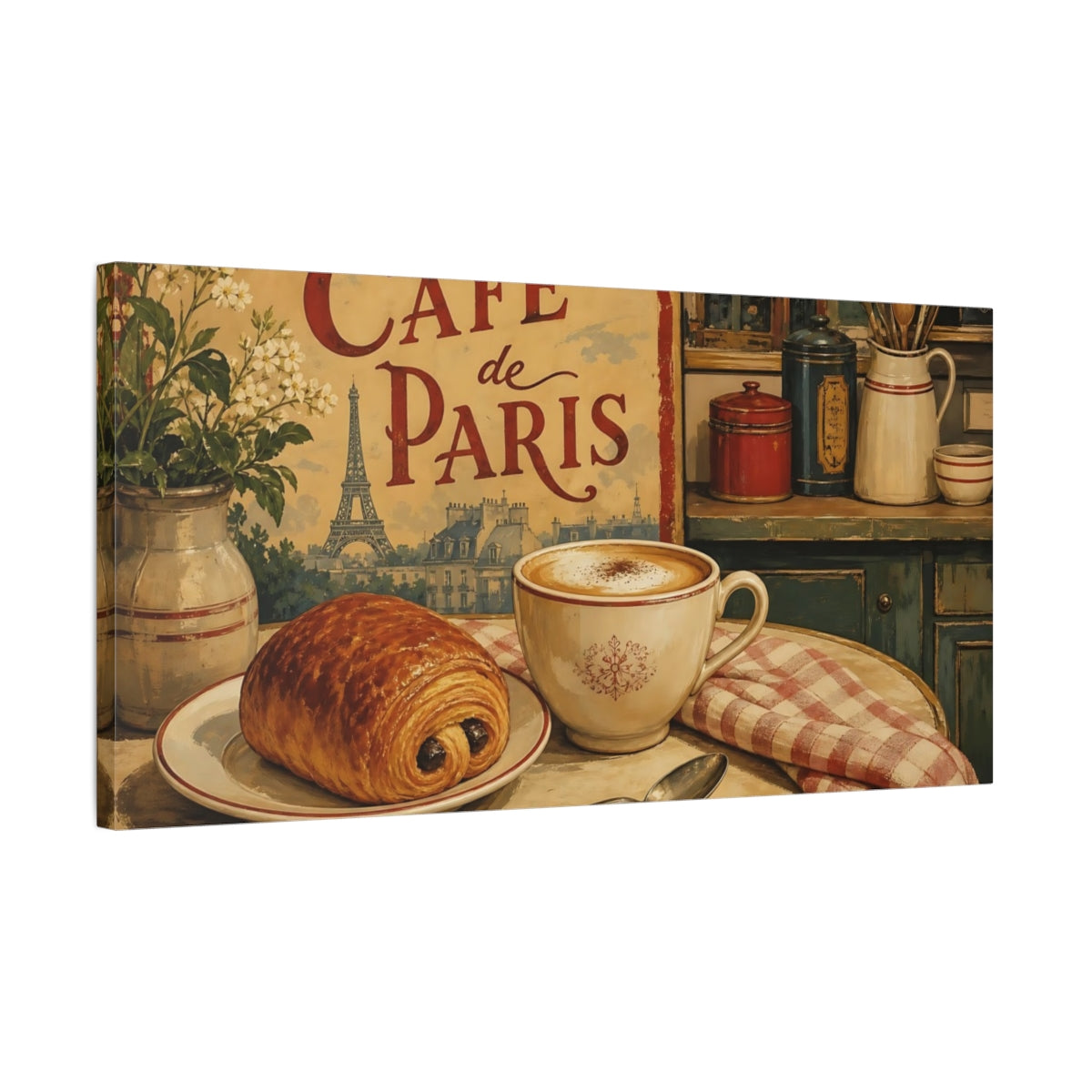 Side Mockup 1. Paris Café Breakfast shown as canvas print