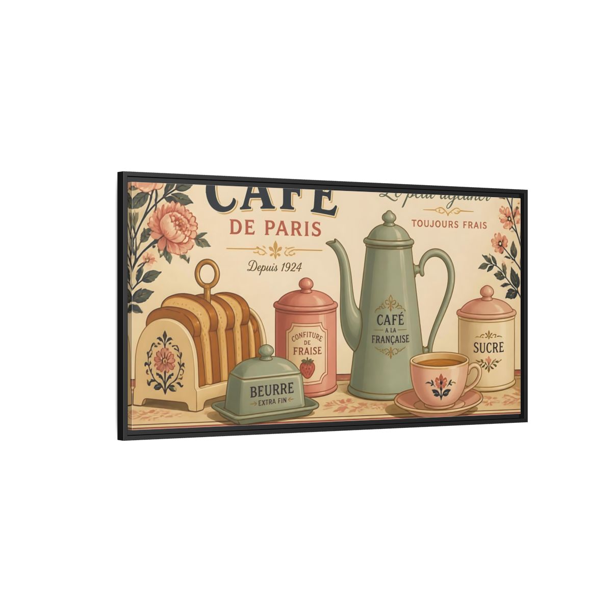 Side Mockup 5. Paris Café Breakfast shown as framed canvas print