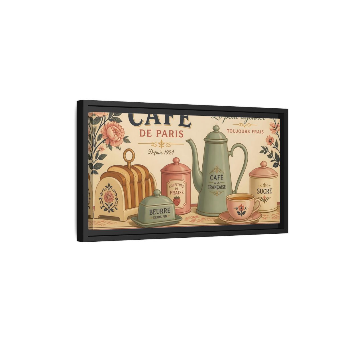 Side Mockup 8. Paris Café Breakfast shown as framed canvas print