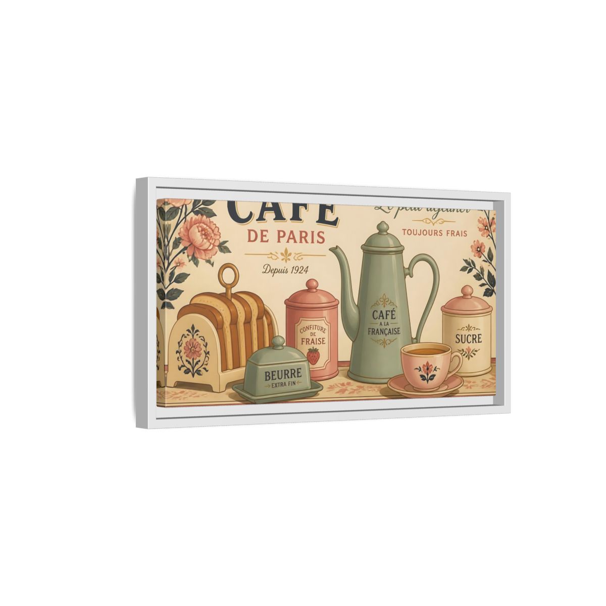 Side Mockup 6. Paris Café Breakfast shown as framed canvas print