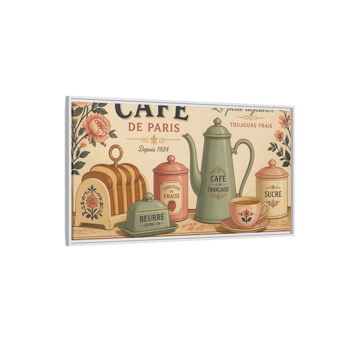 Side Mockup 3. Paris Café Breakfast shown as framed canvas print