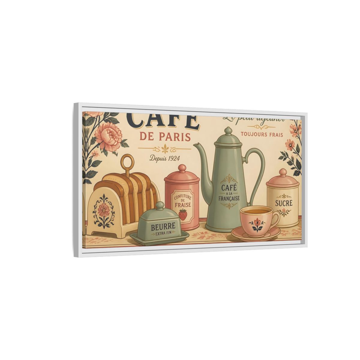 Side Mockup 1. Paris Café Breakfast shown as framed canvas print