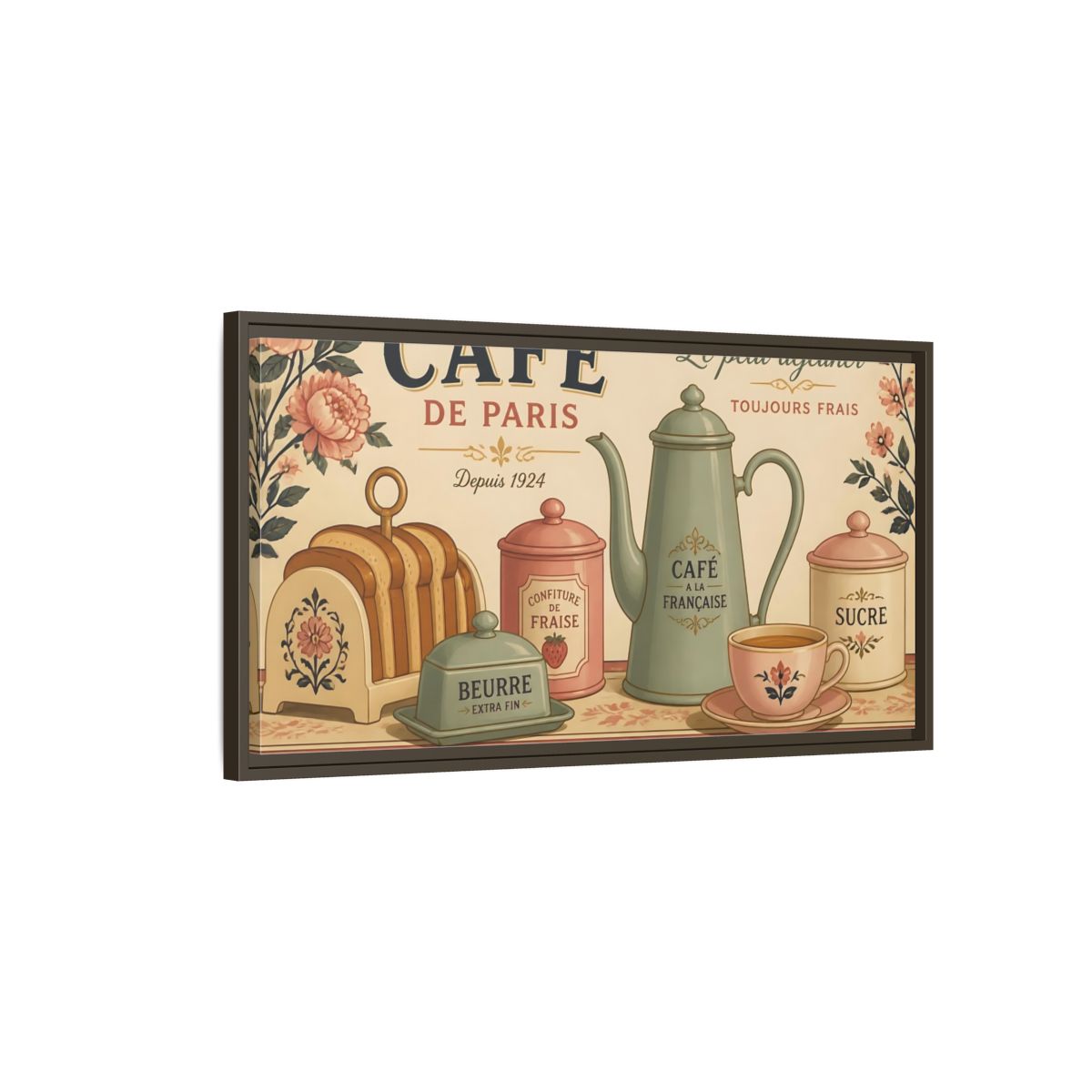 Main Mockup. Paris Café Breakfast shown as framed canvas print