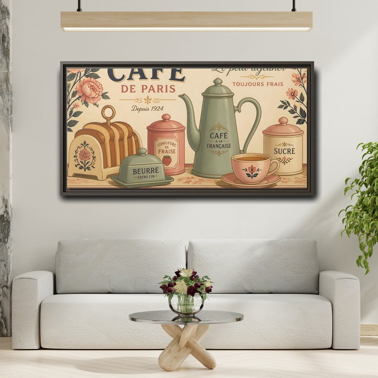 Mockup 2. Paris Café Breakfast shown as framed canvas print