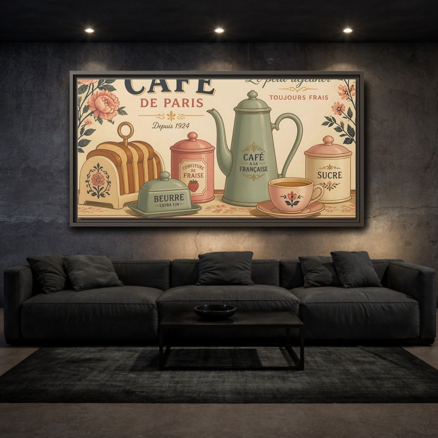 Mockup 3. Paris Café Breakfast shown as framed canvas print