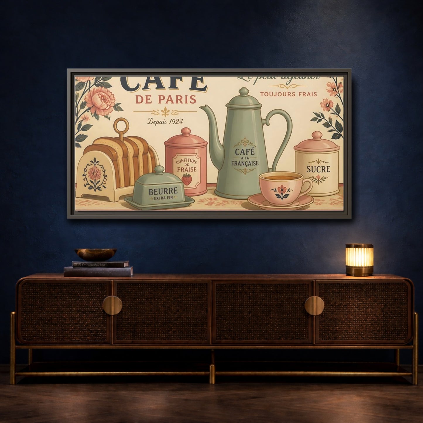 Mockup 4. Paris Café Breakfast shown as framed canvas print