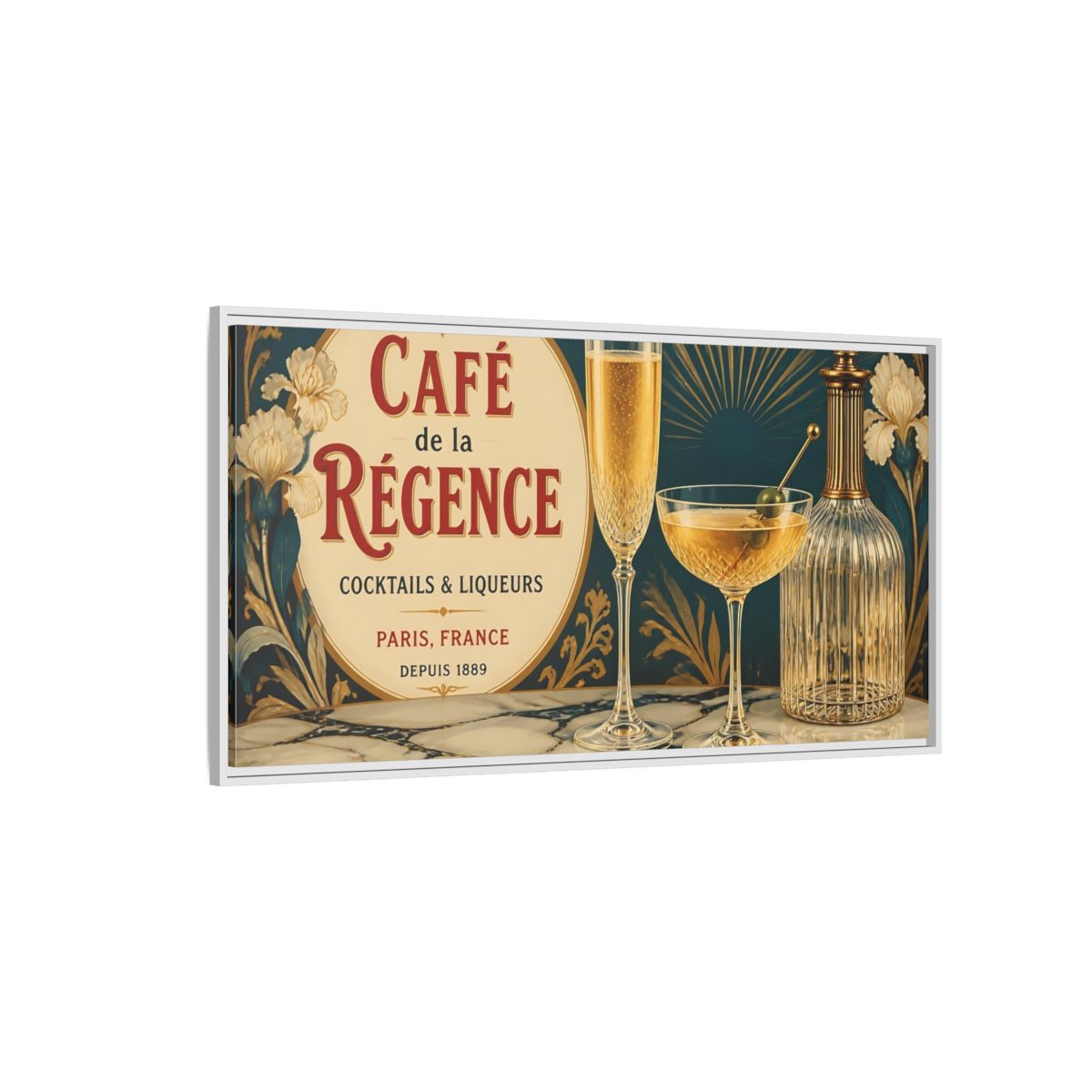 Side Mockup 3. Paris Cocktail Bar Still Life shown as framed canvas print