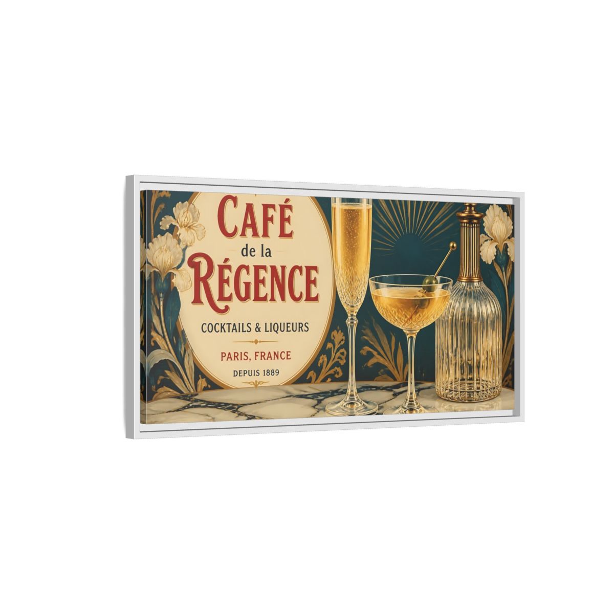 Side Mockup 1. Paris Cocktail Bar Still Life shown as framed canvas print