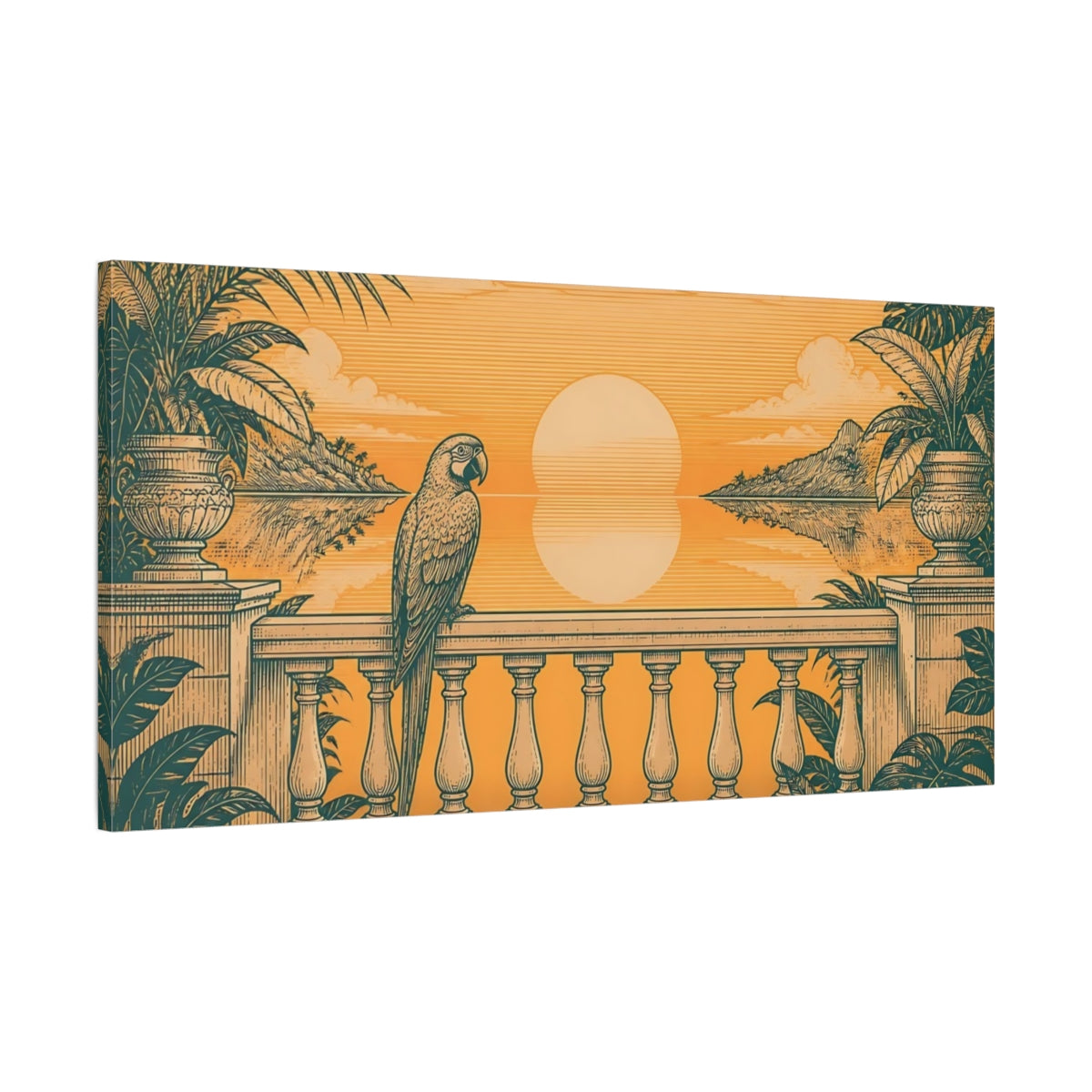 Main Mockup. Parrot On Tropical Balcony shown as canvas print