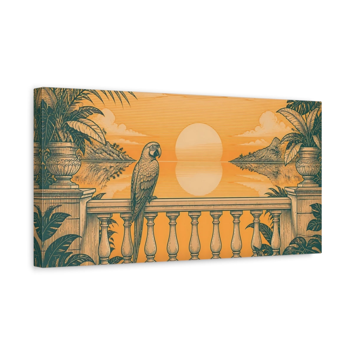 Side Mockup 3. Parrot On Tropical Balcony shown as canvas print